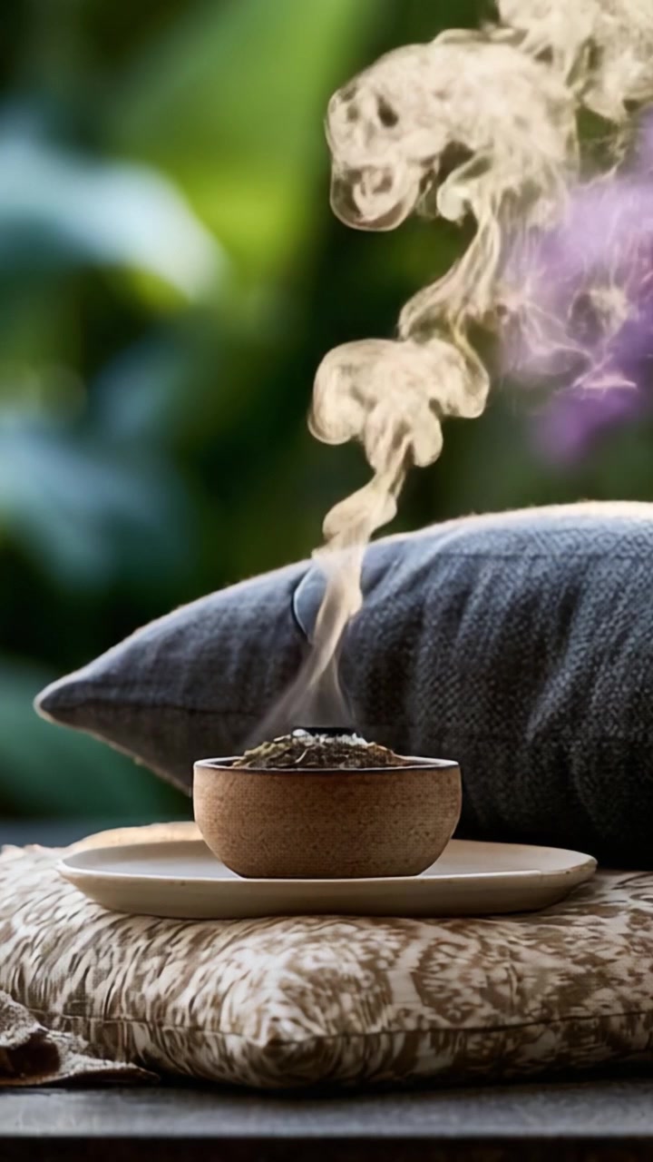 Un momento sereno di incenso che brucia, catturando le delicate volute di fumo che si innalzano da una ciotola fatta a mano su tessuti morbidi, evocando calma e relax nell'abbraccio della natura