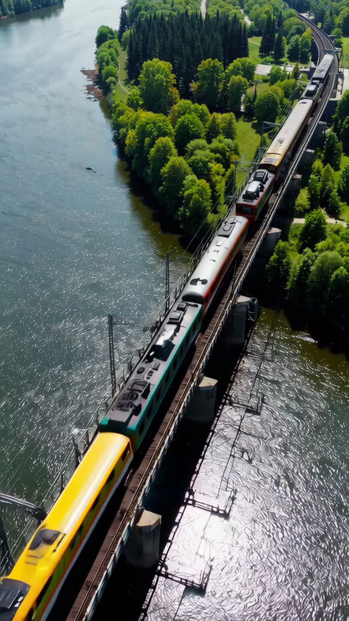 열차가 강을 가로지르는 다리를 건너고 있다