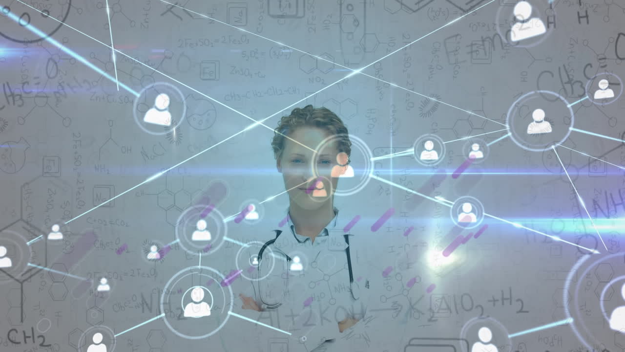 animación de la red de conexiones y procesamiento de datos sobre la doctora caucásica