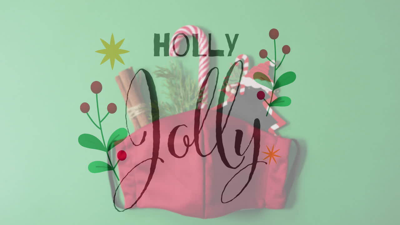 animación del texto de holly jolly sobre las decoraciones de navidad