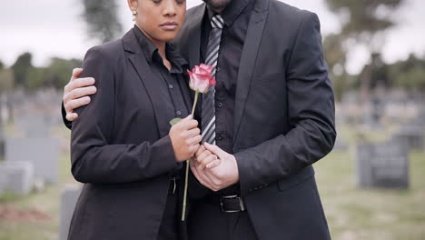 rose, death or couple in cemetery for funeral