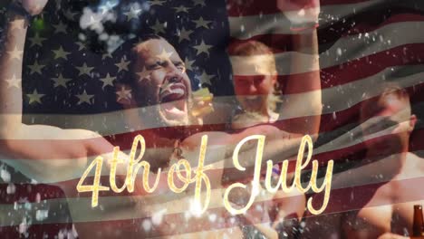 Group-of-friends-in-a-pool-and-the-American-flag-with-a-4th-of-July-text