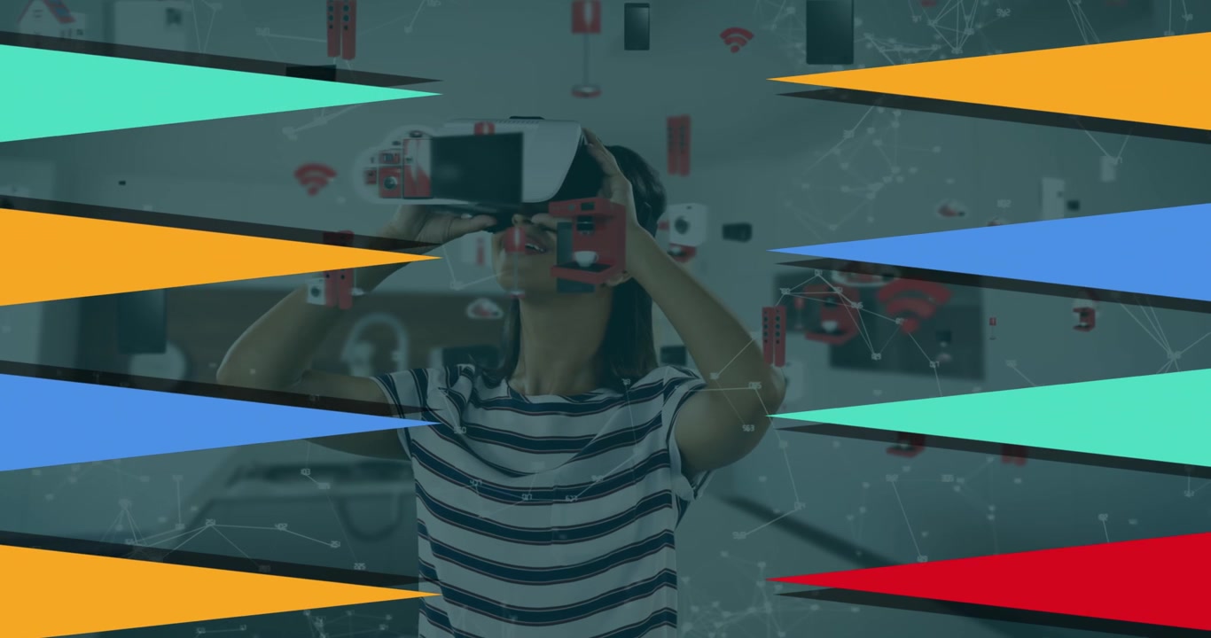 VRヘッドセットを使用する女性たちの上に表示される幾何学模様のアニメーション。