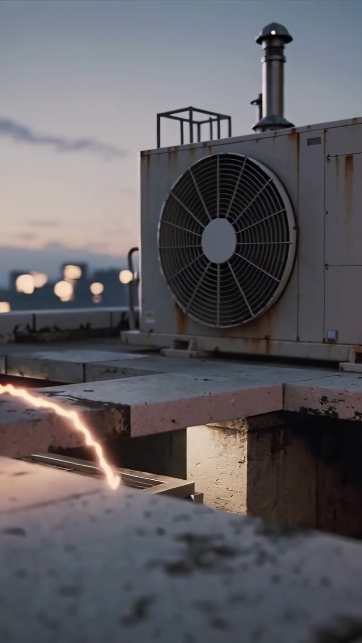 Vertikal video: Gnisterspor vises nær pladekant, der leder mod åben skakt og HVAC-enhed