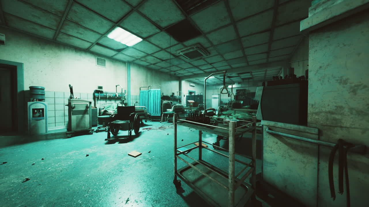 Abandoned hospital with dilapidated medical gear and furniture