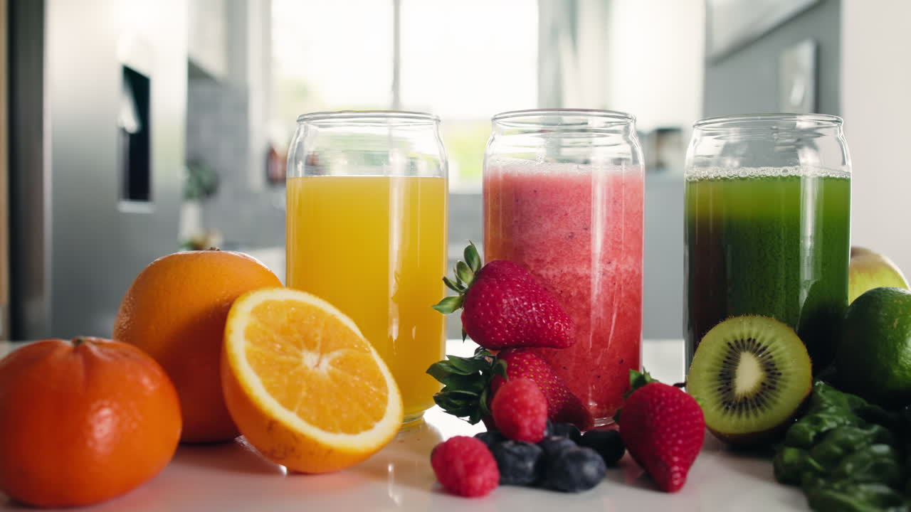 Assortment of Fresh Fruit Juices and Smoothies on Kitchen Counter