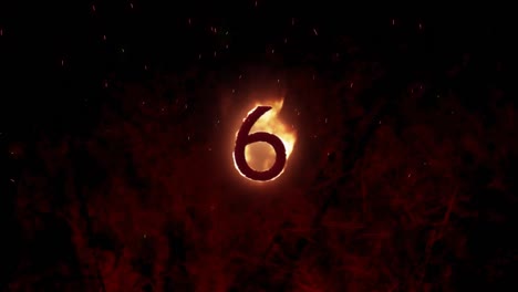 animation of 6 text in burning flames over brown background