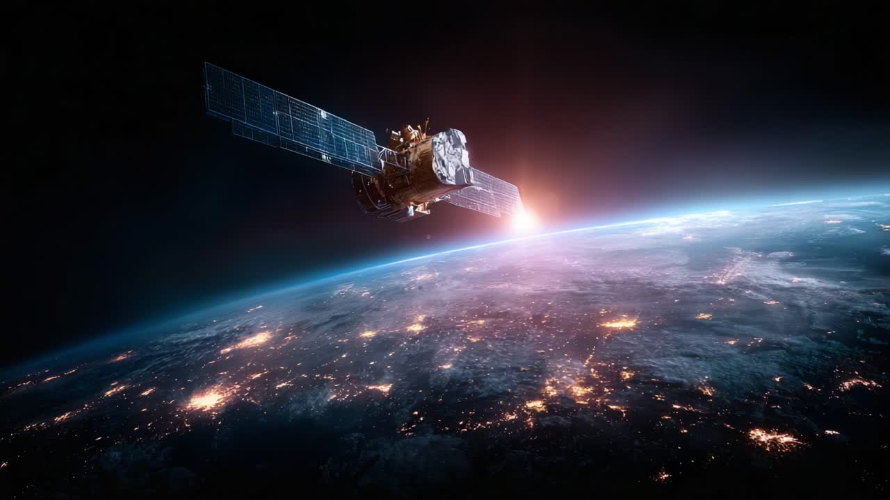 A Majestic Satellite Orbiting Earth, Capturing Stunning Views of Sunlight Reflections on the Planet's Surface While Highlighting Global Lights from Space