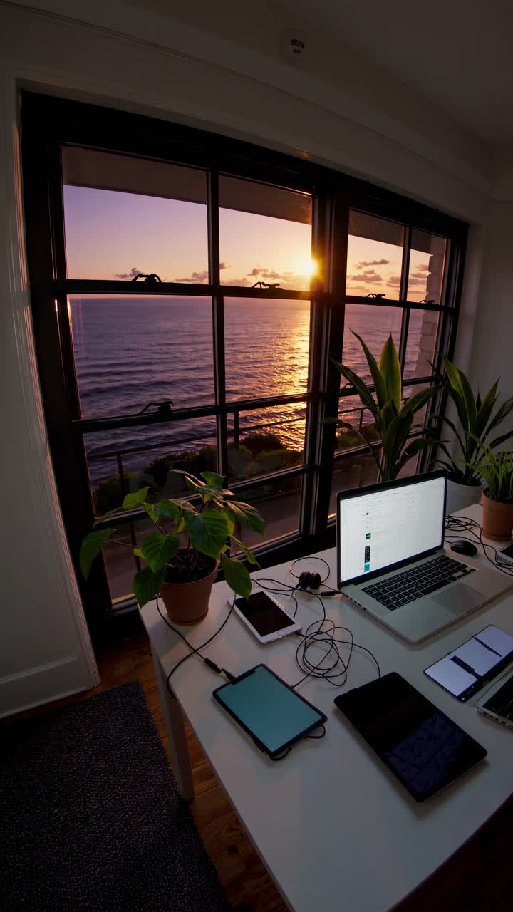 Wide-angle shot of a home office with tech gadgets, plants, and a sunset view over the ocean