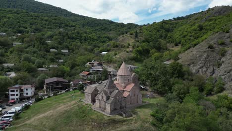 low aerial retreats from stone goshavank monastery in gosh, armenia