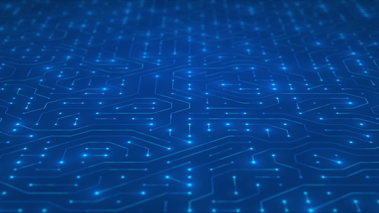 Circuit Board with moving electrons. Abstract electronic blue circuit board background. Artificial intelligence