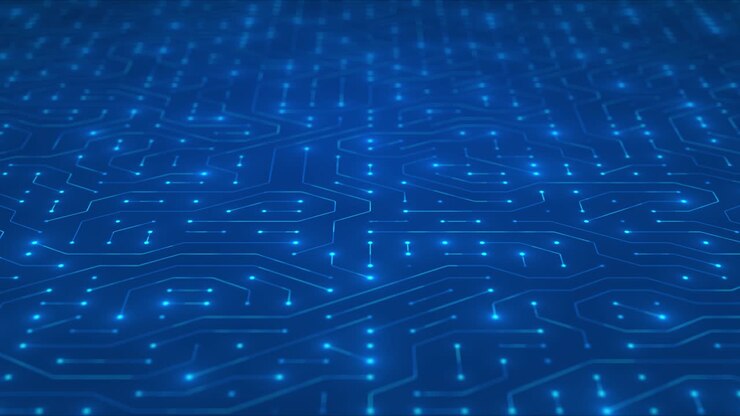 Circuito stampato con elettroni in movimento. Sfondo astratto blu di circuito elettronico. Intelligenza Artificiale