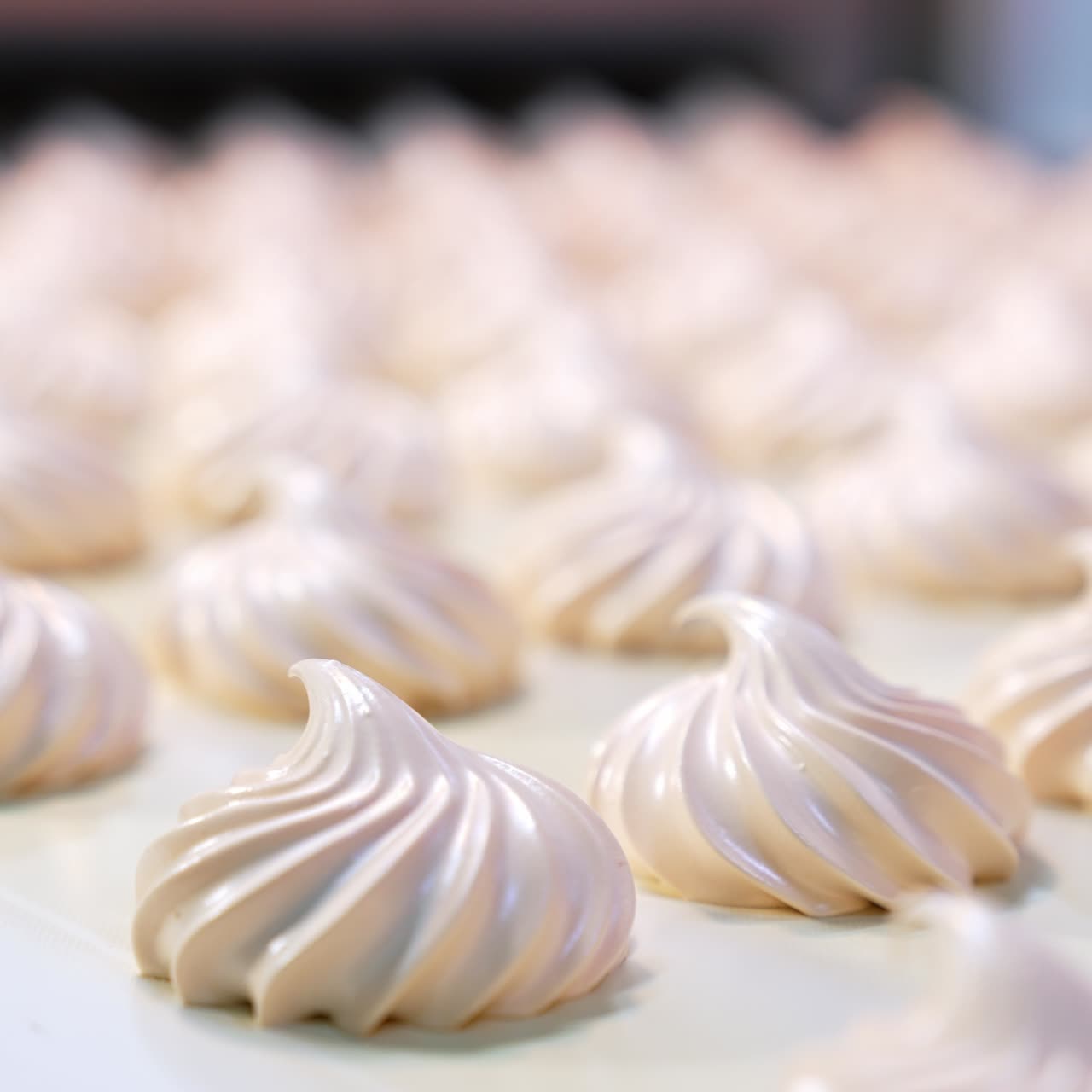 Fresh creamy marshmallows moving along the conveyor belt at the confectionery factory. Close up. Blurred background