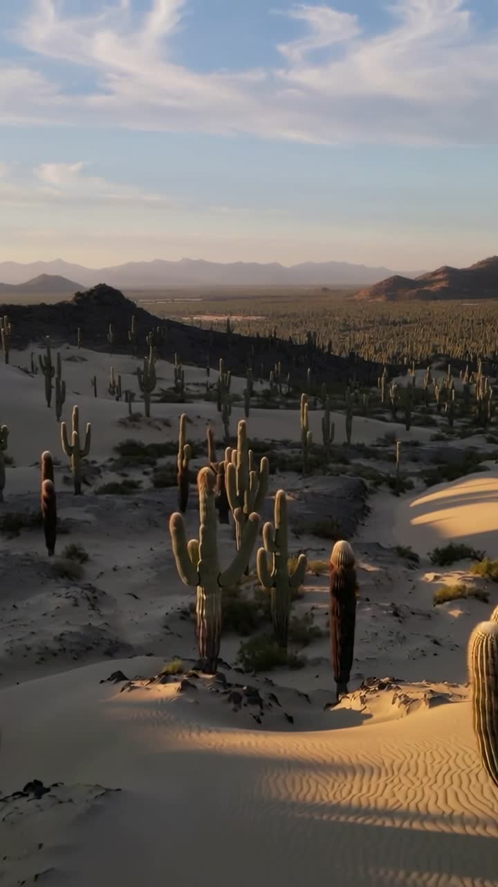 Video verticale: Telecamera in movimento che rivela un gruppo di cactus alti su dune ondulate, con il sole che tramonta