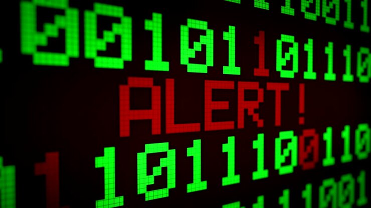 3D-Animation: Animierter Hintergrund in Endlosschleife mit laufenden Linien mit Binärcode und schimmerndem Text „ALERT“ in hellgrüner und roter Farbe auf dem schwarzen Bildschirm. Pixel. 4K. Nahtlose Schleife.
