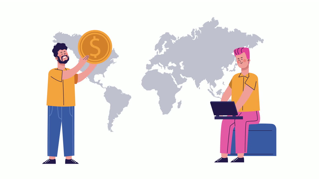 hombres de negocios con monedas y personajes de portátiles animados