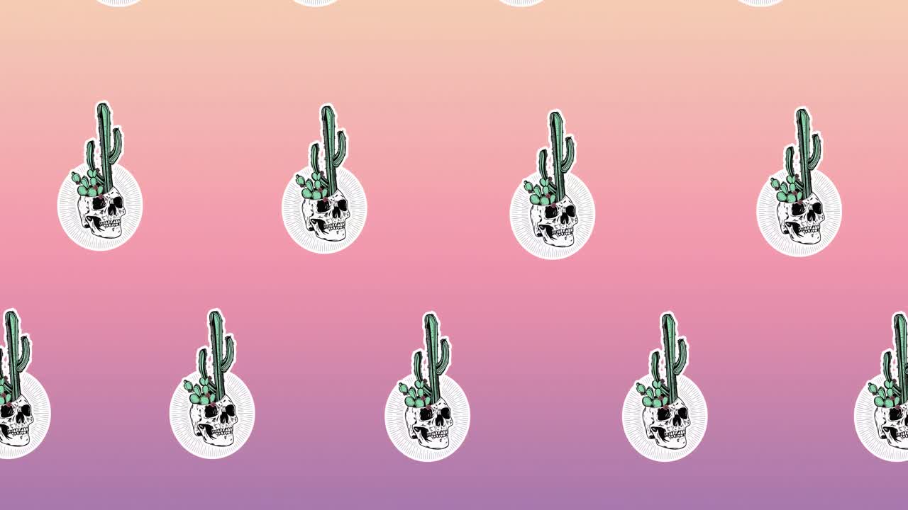 composición de filas de cactus con cráneos que se mueven sobre un fondo rosa