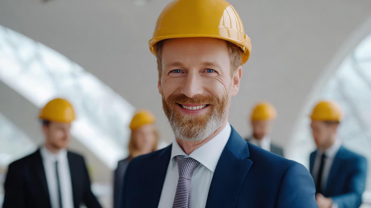 Confident Construction Team Leader Smiling Brightly While Wearing a Safety Helmet at a Modern Project Site with Colleagues in Background
