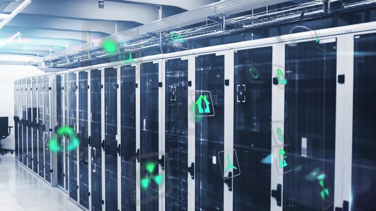 Animation of multiple icons, viewfinders with lens flares over data server room