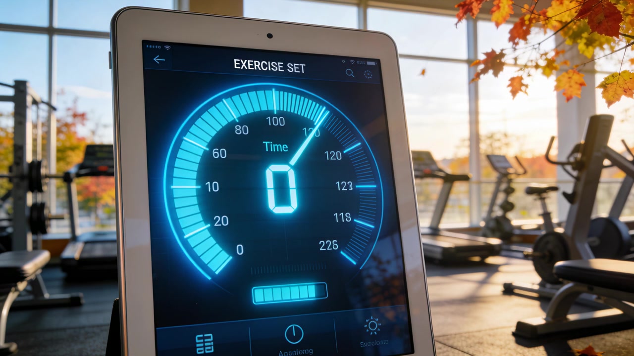 Tablet che visualizza un indicatore animato mentre inizia una serie di esercizi in palestra, monitorando puntatore e progressi.