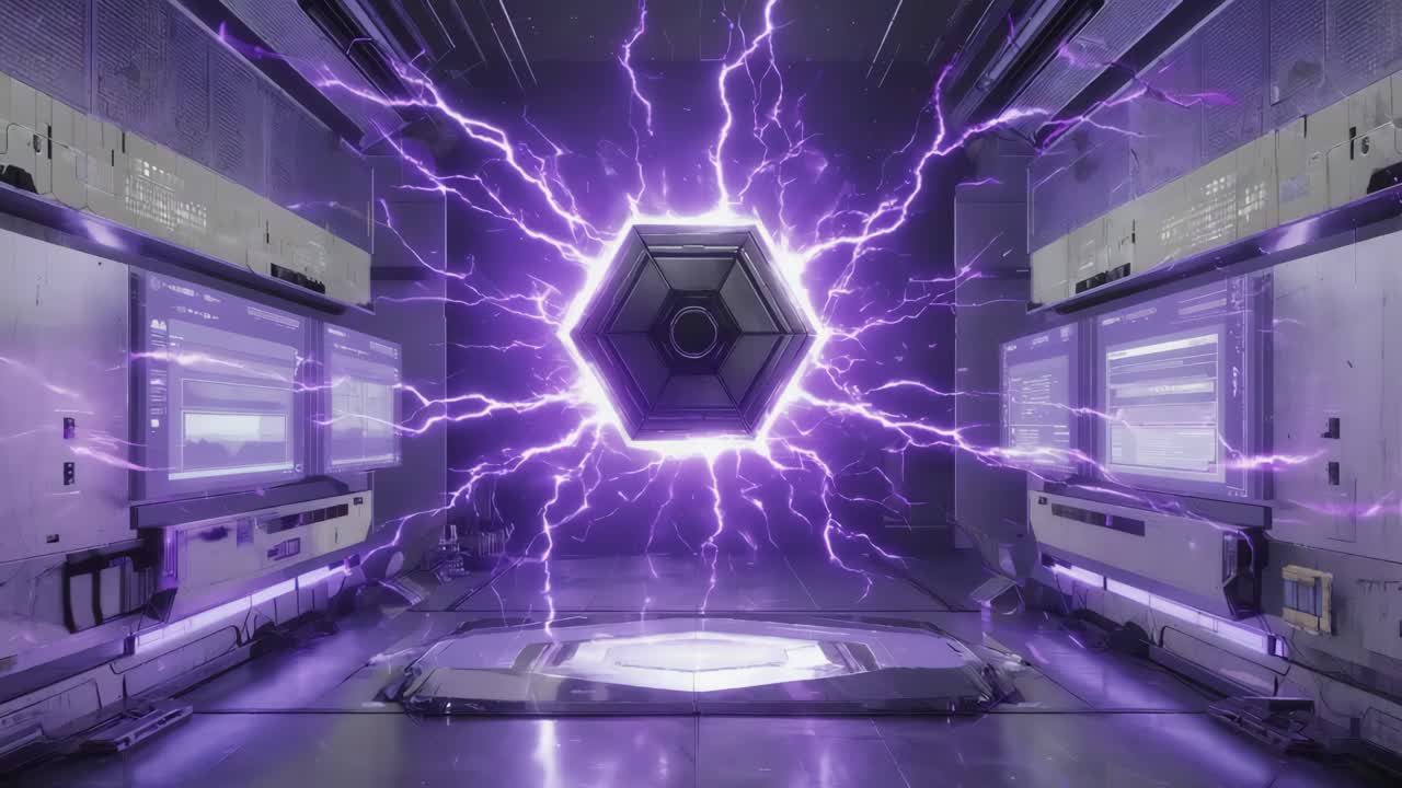 Futuristic Energy Core in Sci-Fi Chamber with Purple Lightning