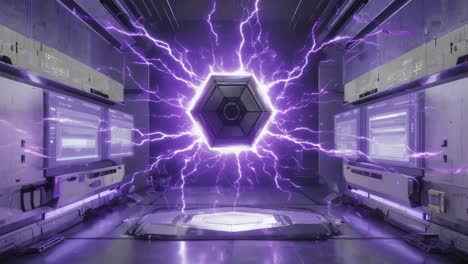 futuristic energy core in sci-fi chamber with purple lightning
