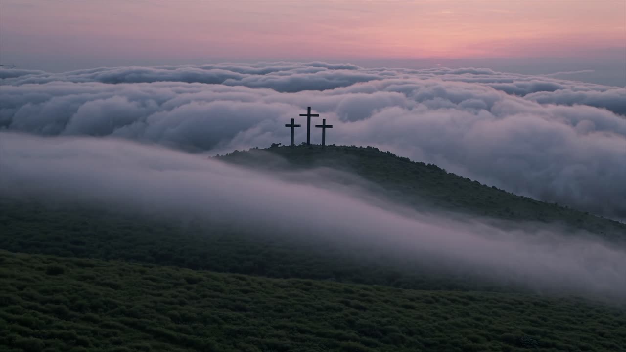 4K CGI of three crosses on a misty hill at sunrise—ideal for conveying spiritual symbolism, faith, and serene inspirational visuals.