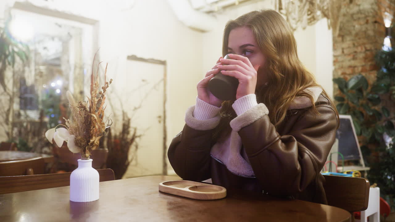 Cheerful young girl sipping warm drink at cozy cafe table, wearing brown shearling jacket, enjoying relaxed atmosphere with soft lighting, feeling cozy, comfortable, and peaceful vibes
