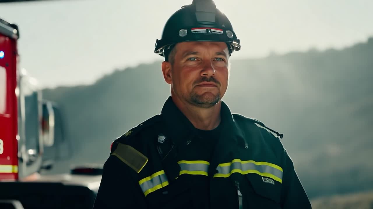 bombero en uniforme de pie frente a un camión de bomberos