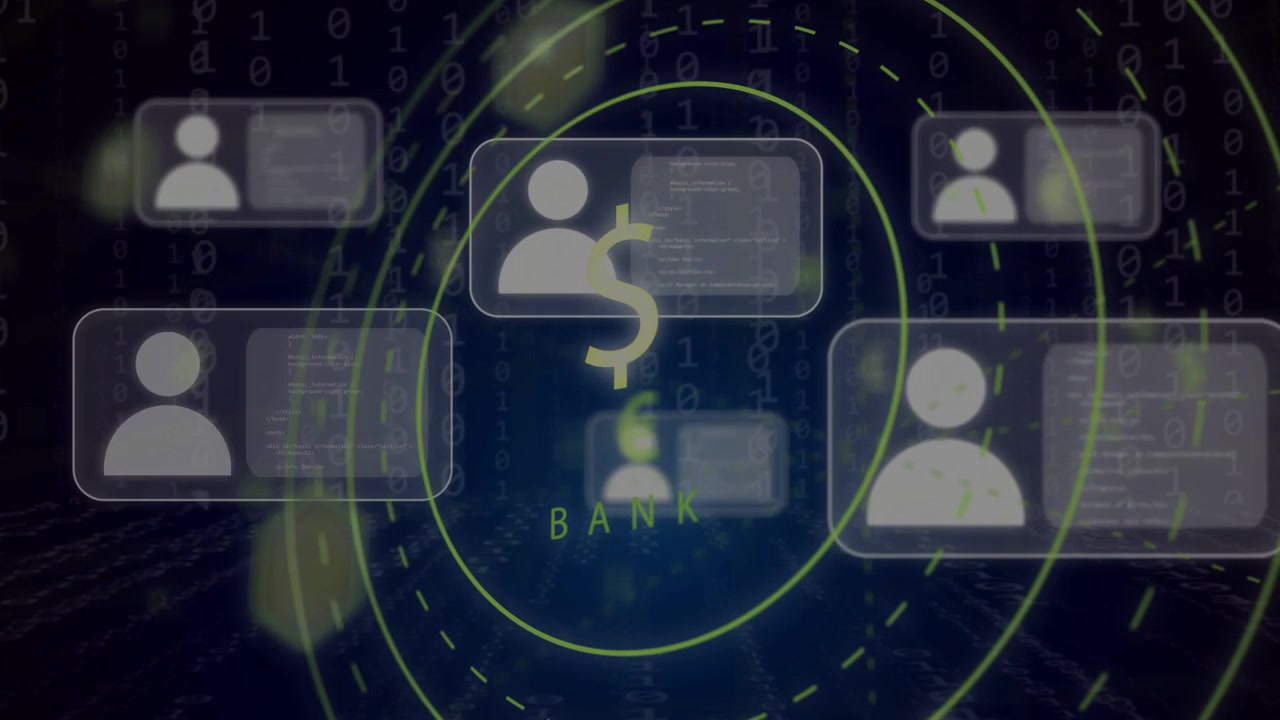 Central bank icon shifting as globe entering right overlaying $ cards forming network linking users