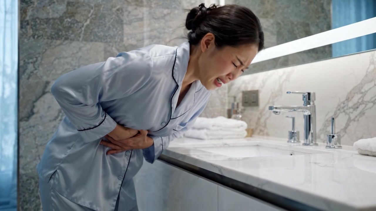 A Woman's Struggle: Depicting Pain and Discomfort in a Modern Bathroom Environment as She Clutches Her Stomach in Distress