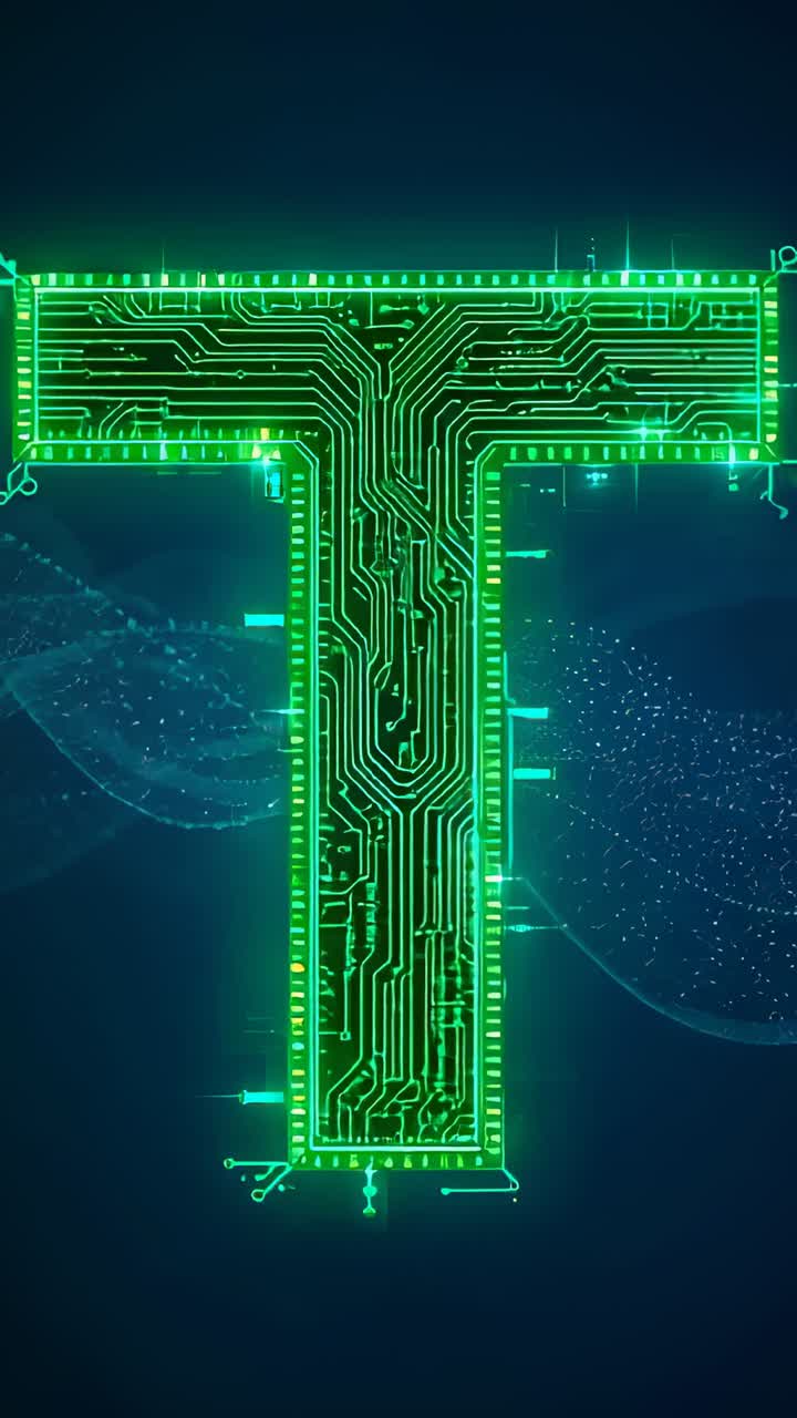 Vertical video: Fading circuit letter T pulsing neon green traces on blue field, with floating dots