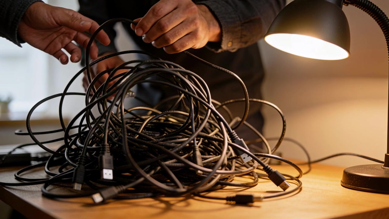 Kolleger i langærmede trøjer vikler sorte USB-kabler ud på et træskrivebord til opsætning.