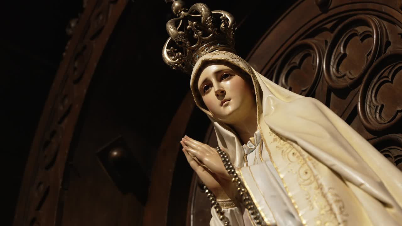 close up of crowned virgin mary statue holding rosary in dim sacred light