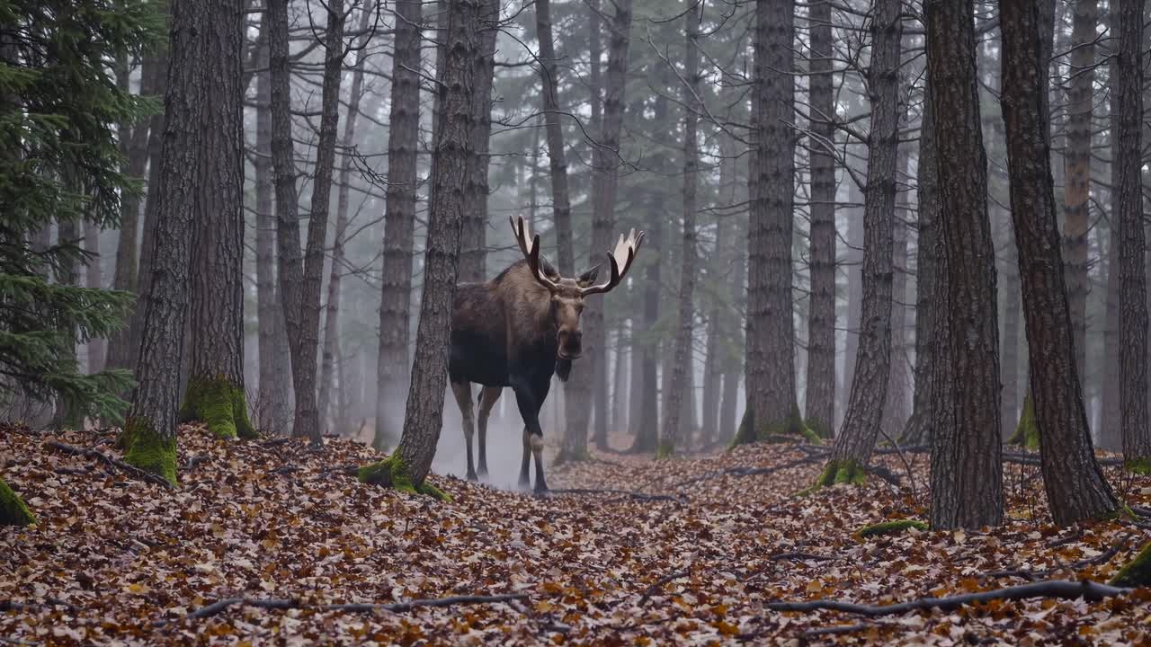 A moose walks through a misty forest, captured in a low-angle shot. The video style evokes a serene