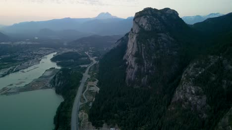 aerial morning view of stawamus chief, mount garibaldi and squamish, canada