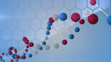 animation of dna strand spinning and data processing on blue background