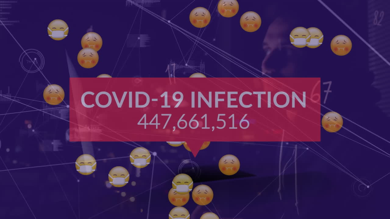 animación de texto de covid 19 y emojis enfermos sobre procesamiento de datos y hacker