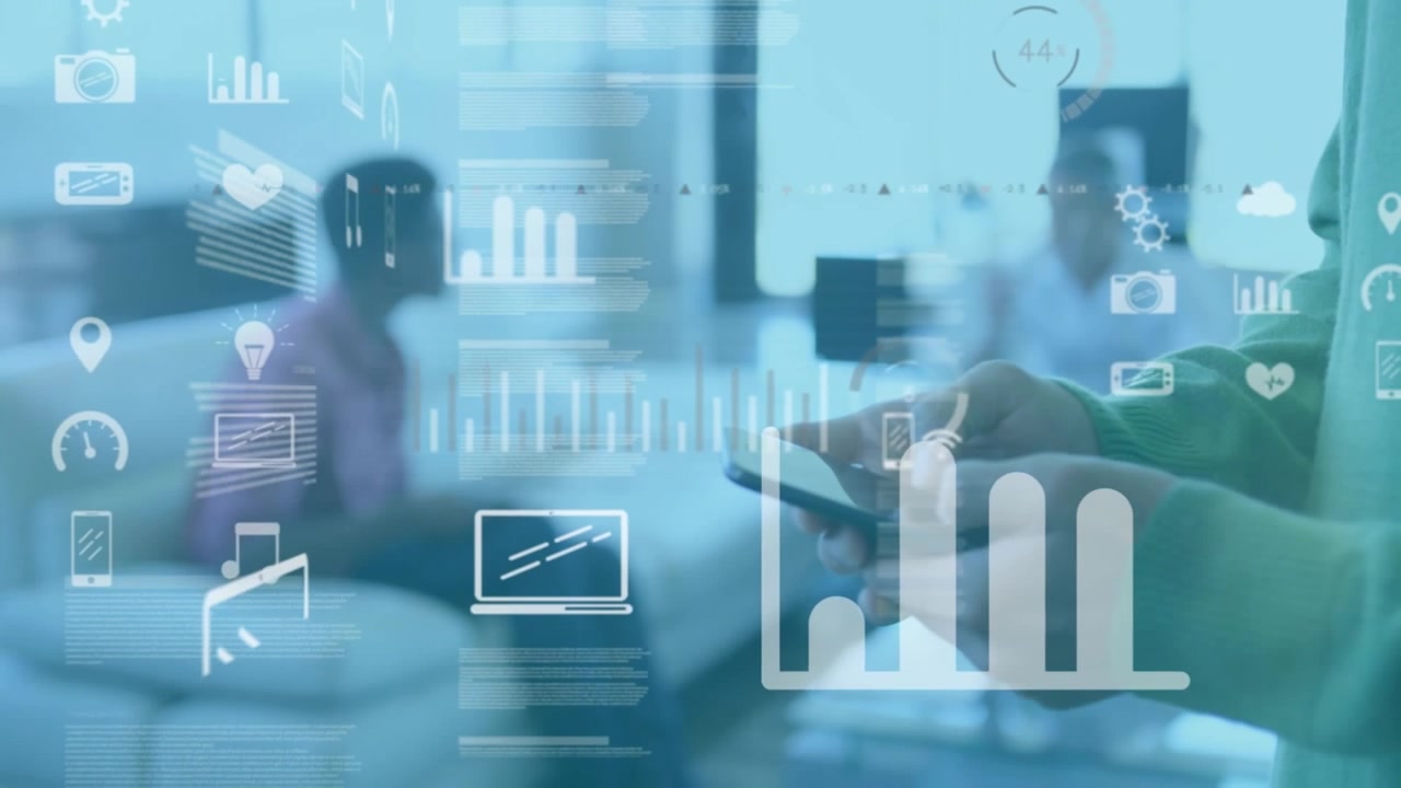 Animazione dell’elaborazione di dati finanziari su un uomo d’affari che usa uno smartphone