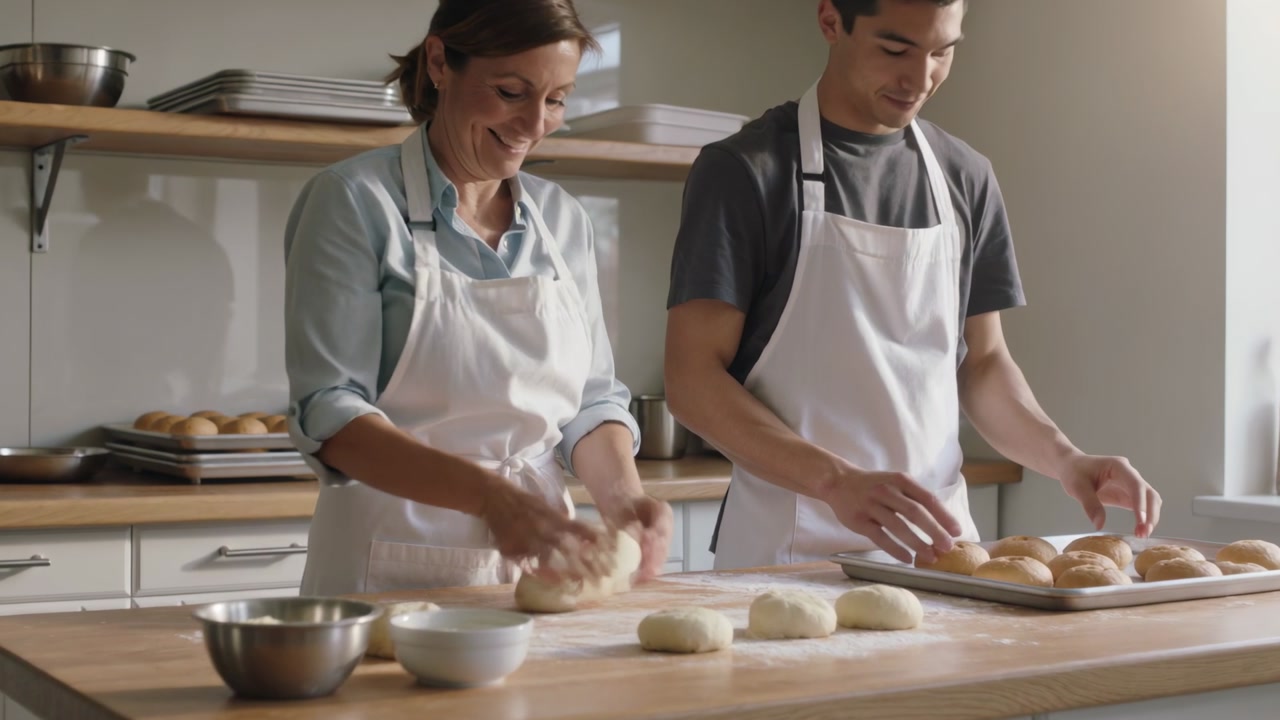 Sunlight streaming two bakers in white aprons kneading and placing rolls on wood counter for baking