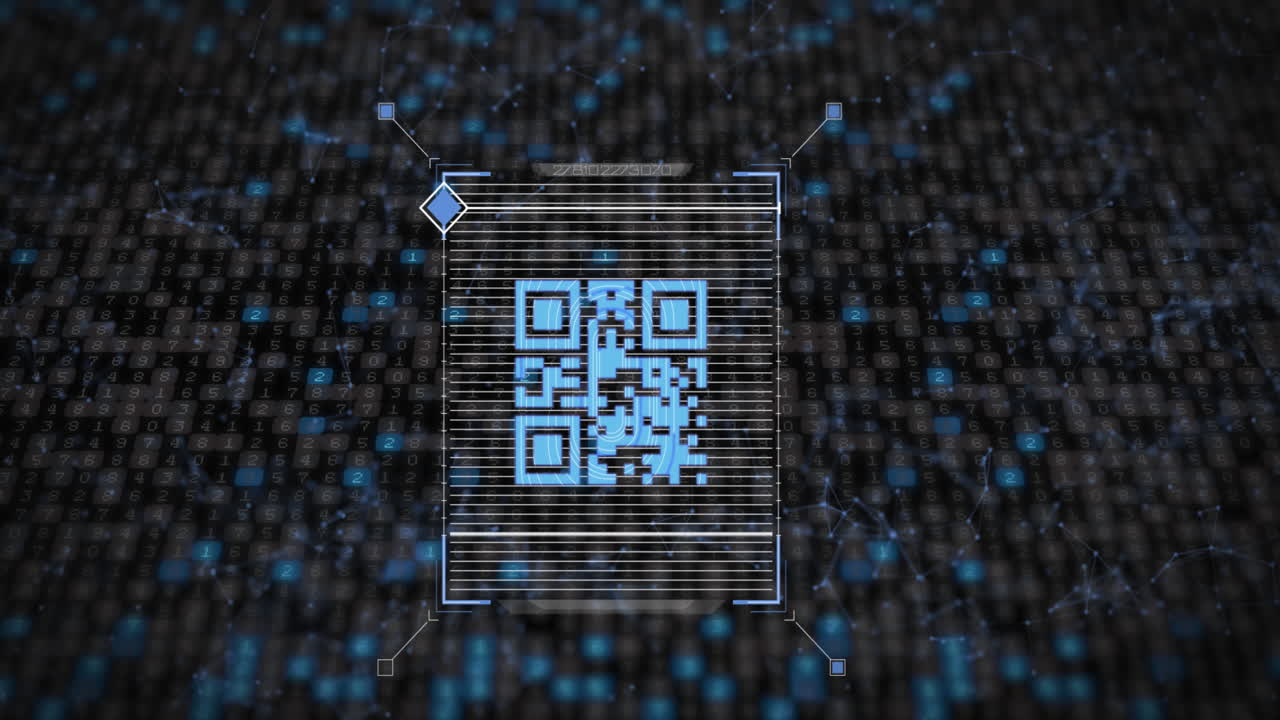 Animation of data processing with qr code over moving columns on black background