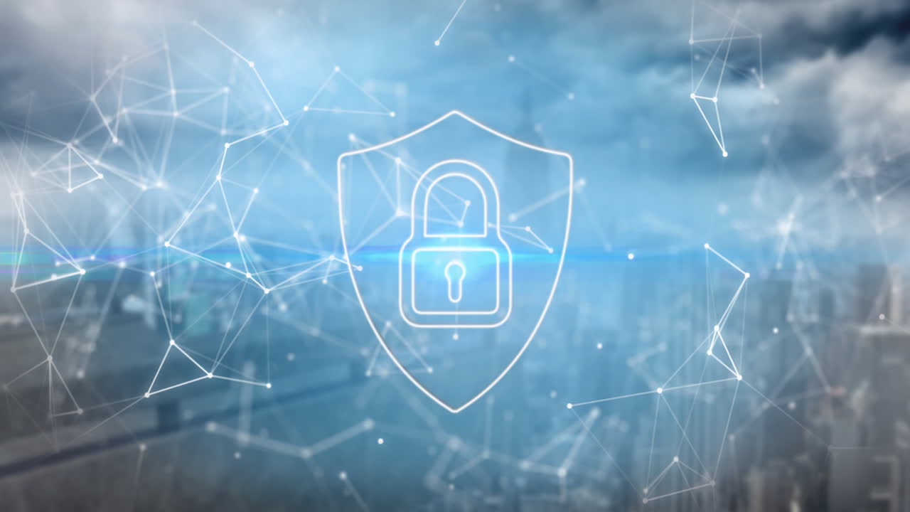 icono de bloqueo y escudo con animación de conexiones de red sobre el paisaje urbano