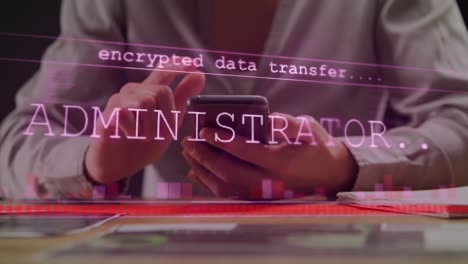 animación del procesamiento de datos sobre un empresario caucásico que usa un teléfono inteligente
