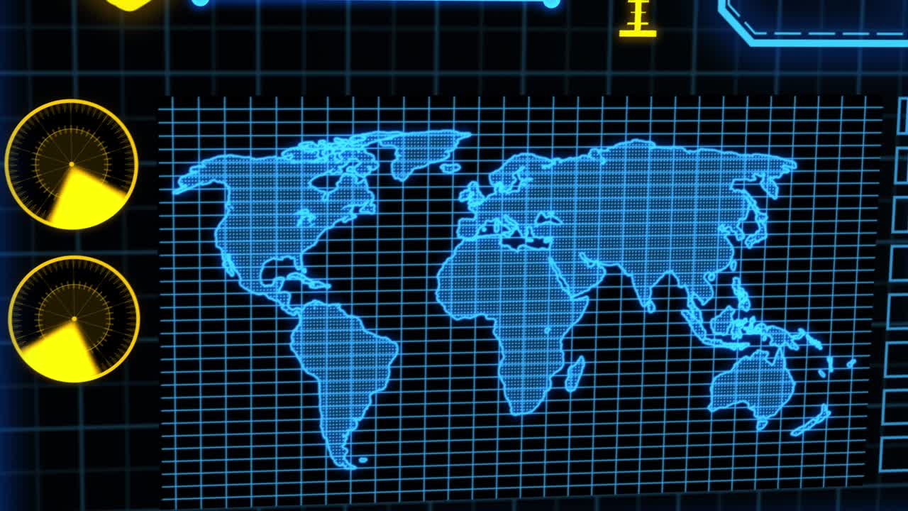 pantalla digital futurista con detalles de análisis de datos naranja y azul (panning de la cámara)