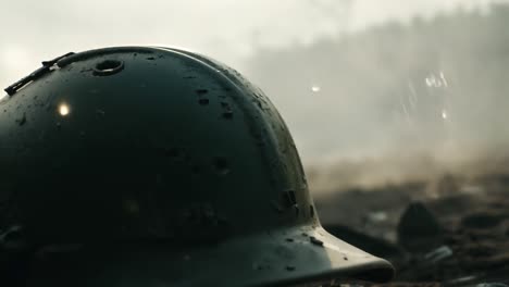 close-up of a military helmet on the battlefield