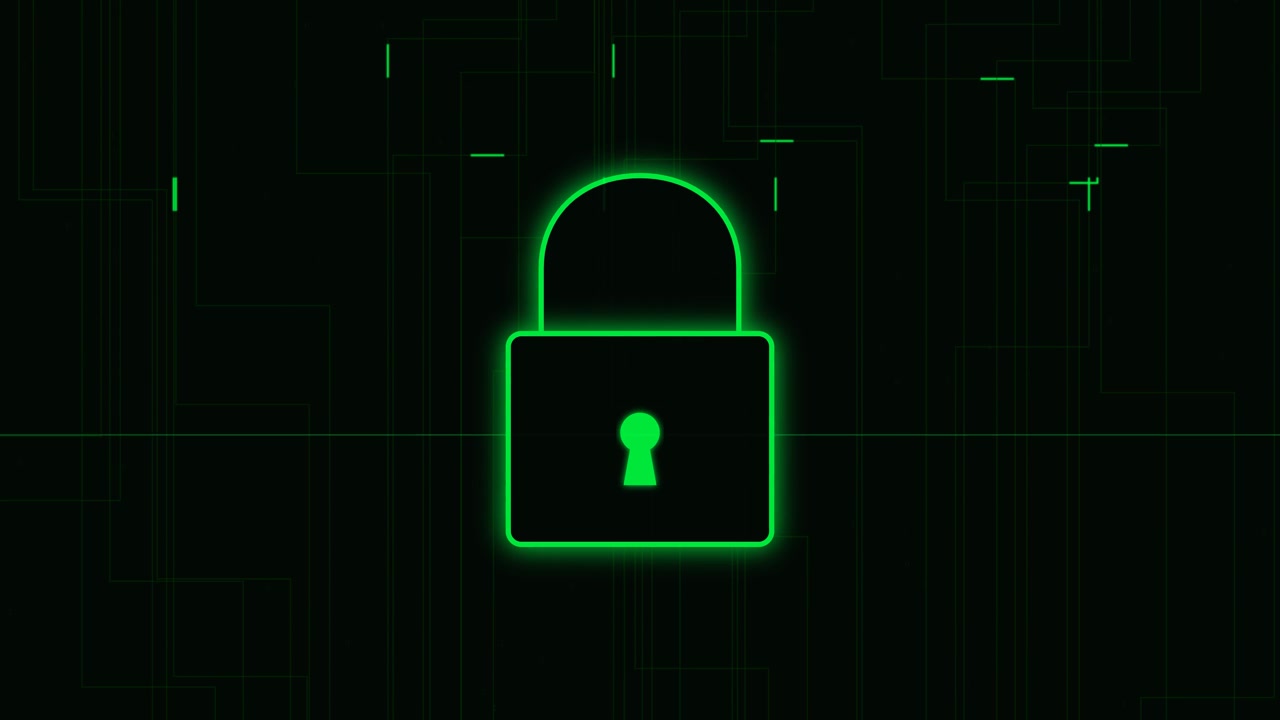 Glowing Green Digital Padlock Icon on Cyber Security Background