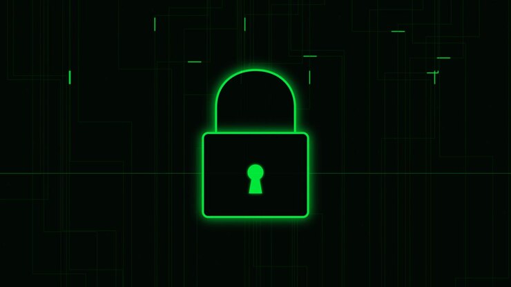 Glowing Green Digital Padlock Icon on Cyber Security Background