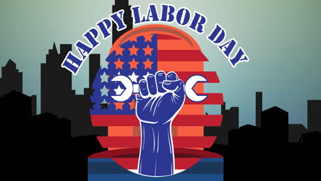 hand holding tool and happy labor text over us flag and flashing siren against cityscape silhouette