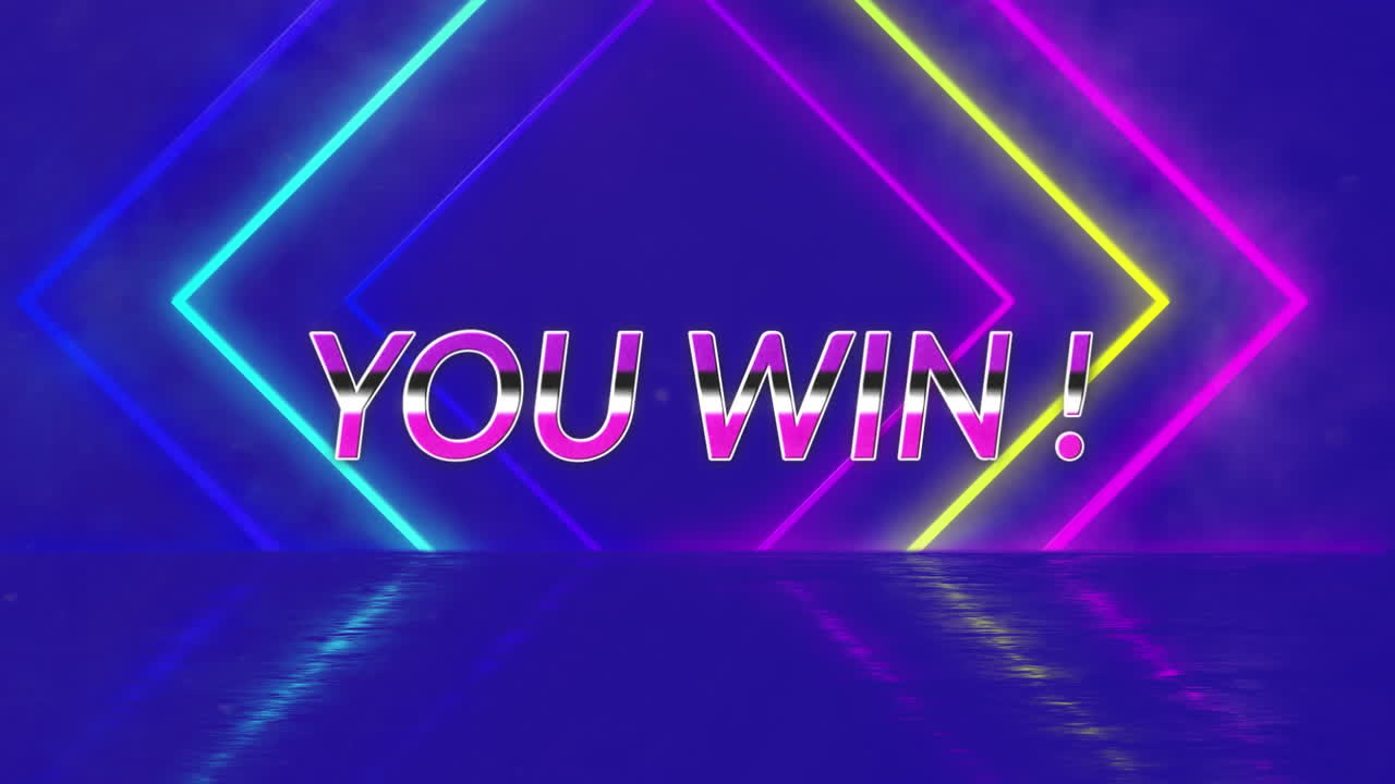 Animation of you win text over neon shapes on blue background