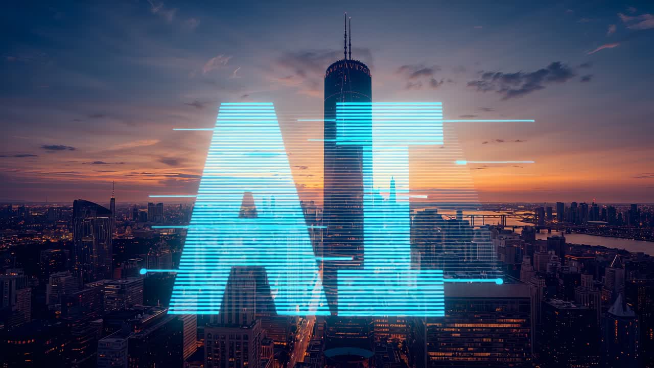 Forming glitching neon-blue AI hologram over sunset city skyline with scan lines rippling hologram